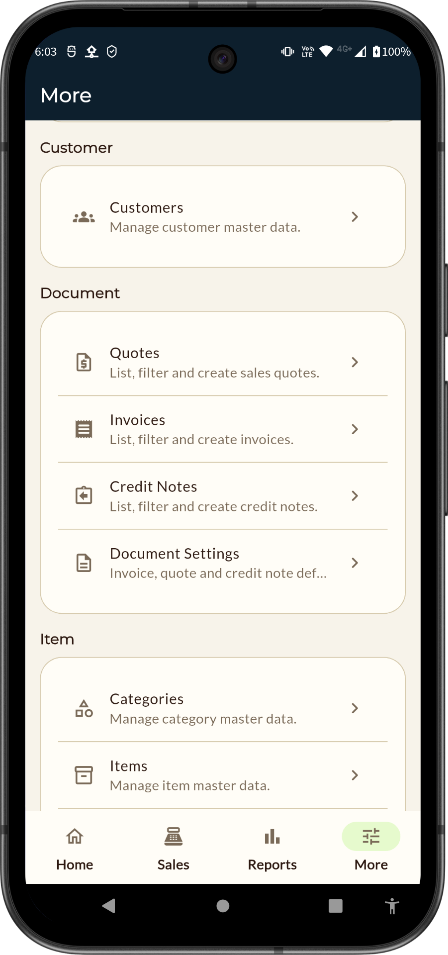 InvoiceBoatLite management menu for quotes, invoices and items
